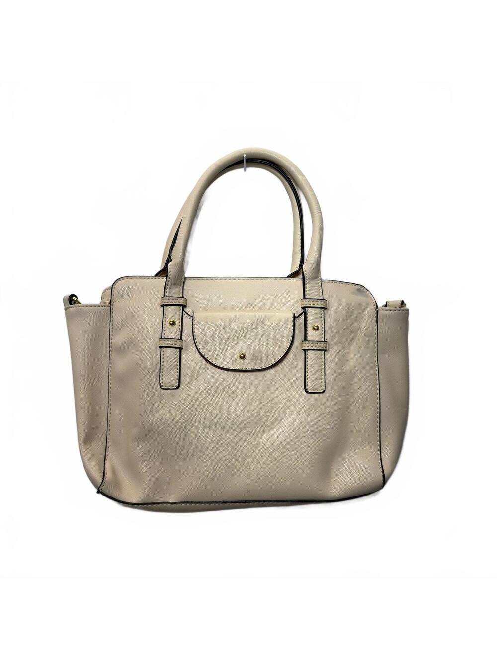 Cream Saffiano Faux Leather Satchel Handbag Gold Hardware Top Handle Purse